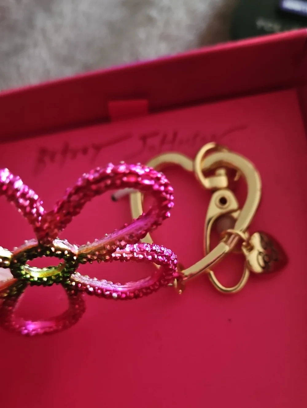 Betsey Johnson Flower Bag Charm Keychain Pink Green Gold-tone